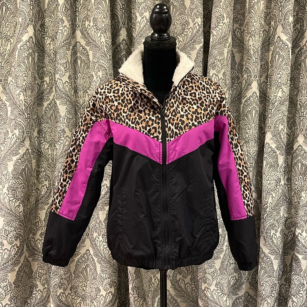 animal print, hot pink zip up windbreaker, track jacket